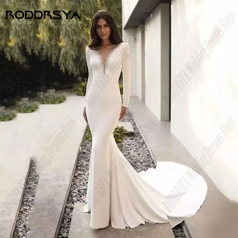 

RODDRSYA Simple Satin Mermaid Wedding Dress Sheer V-Neck Beaded Vestidos De Noiva Mariage Civil Buttons Sweep Train Custom Made