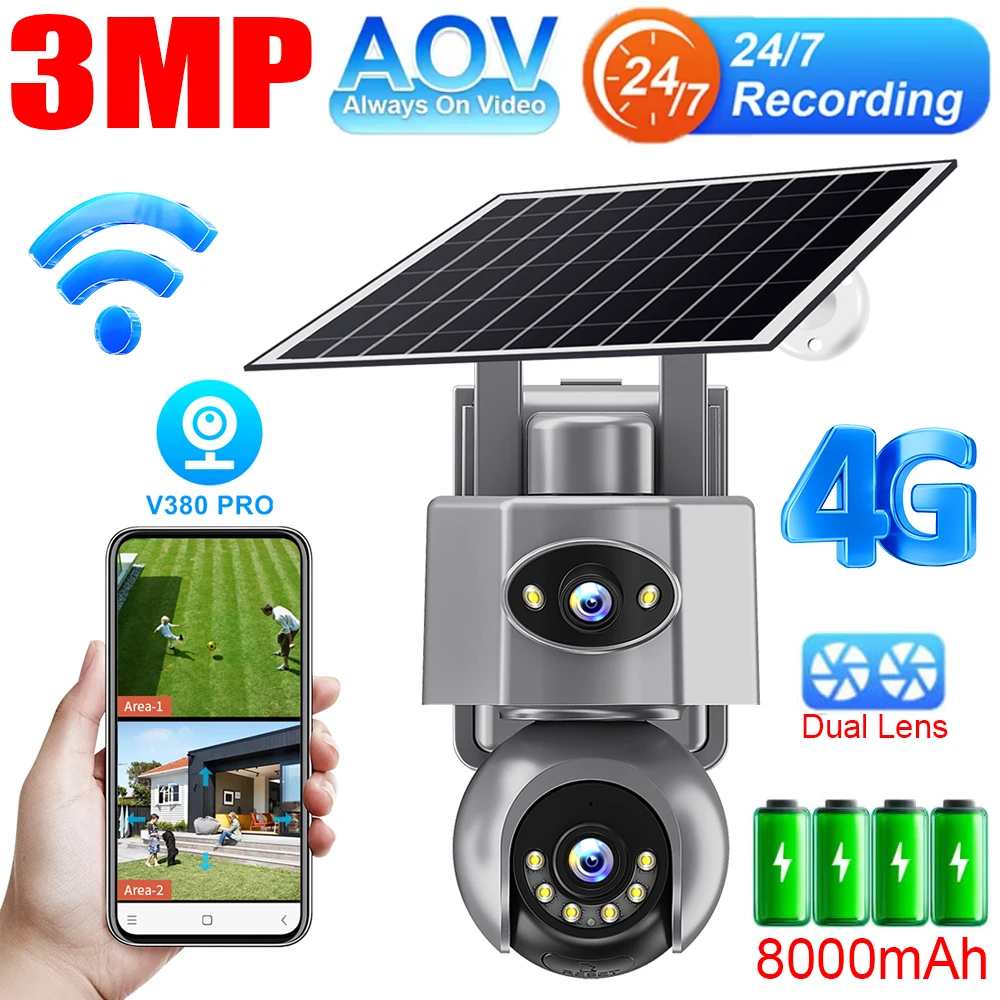 

3 МП двухобъективная 4G солнечная камера безопасности с Wi-Fi, круглосуточная запись, уличная IP-камера с LED-подсветкой, ночным видением и автоматической сигнализацией