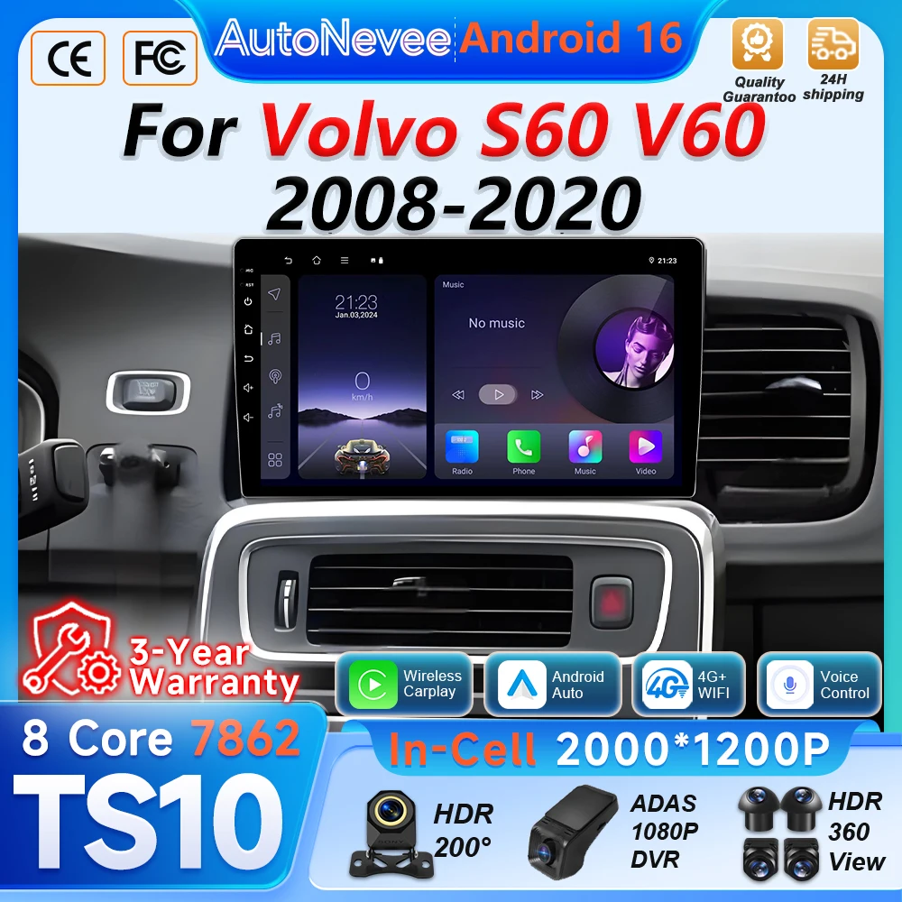 Android 16 Auto Car Radio For Volvo S60 V60 2008 2009 2010 2011 - 2020 Carplay Video Multimedia Player Wifi 2din GPS Navigation