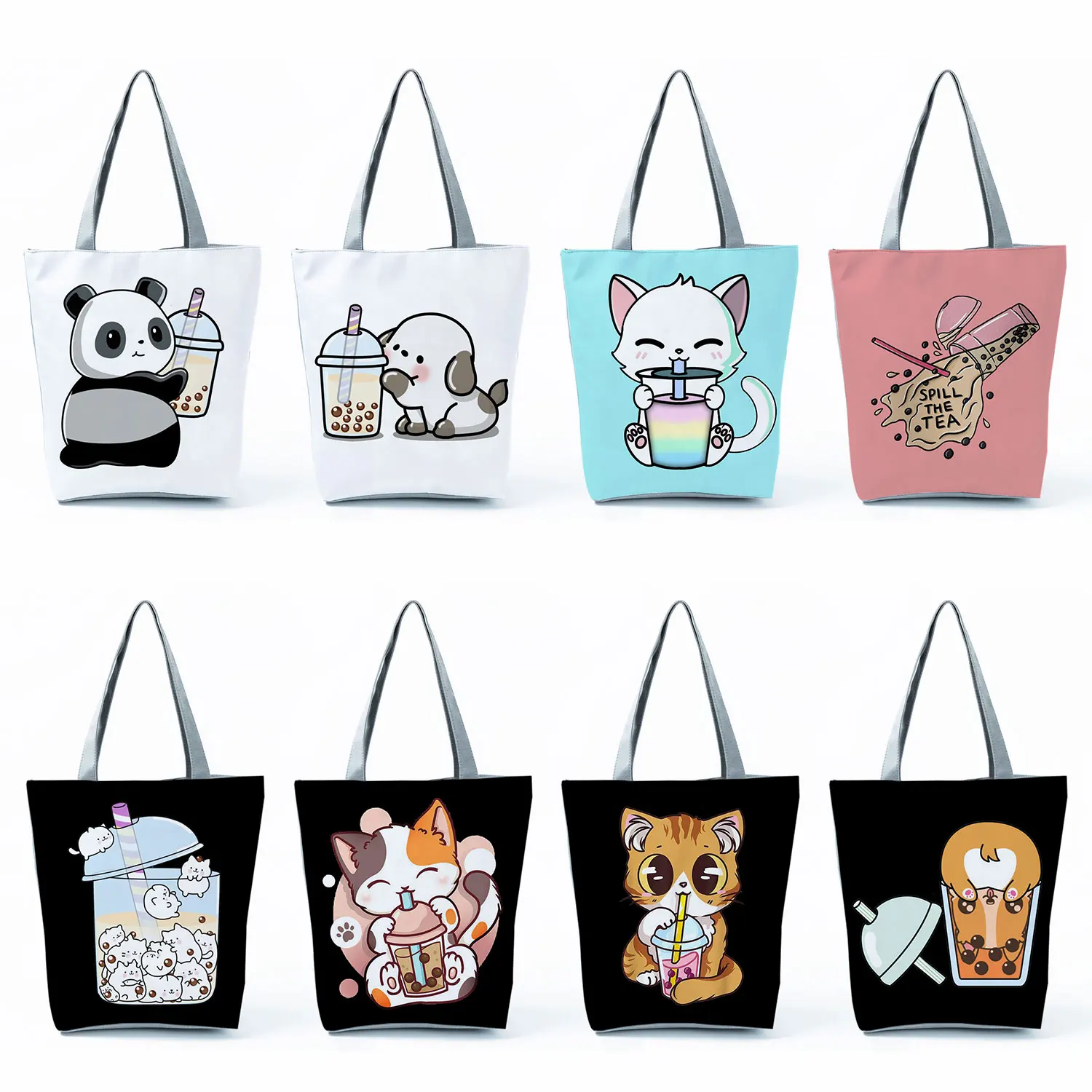 

Fashion Handbags For Women Portable High Capacity Cute Cat Dog Beach Bag Casual Girl Kawaii Cartoon Milk Tea Print The Tote Bag