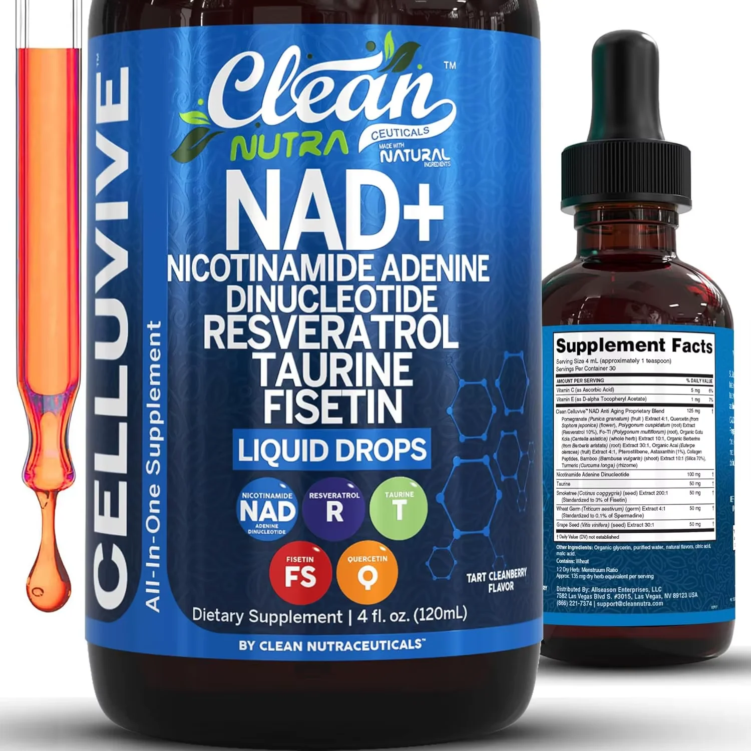 CelluVive Women's Anti-Aging Liposomal NAD Resveratrol Supplement Drops, containing Taurine, Fisetin, Grape Seed Extract, Quercetin, Berberine, Astaxanthin,Pyrroloquinoline Quinone, Spermidine, Polygonum multiflorum, and Centella asiatica, 4 oz