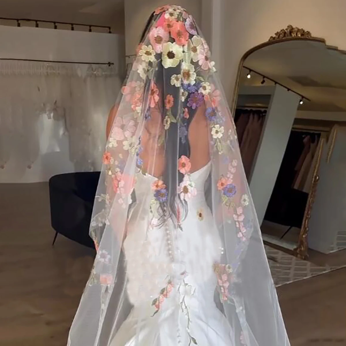 Cathedral Length Colorful Bridal Veil 3 Meters Long Scattered Multicolored Flowers Appliques Customized Wedding Veil