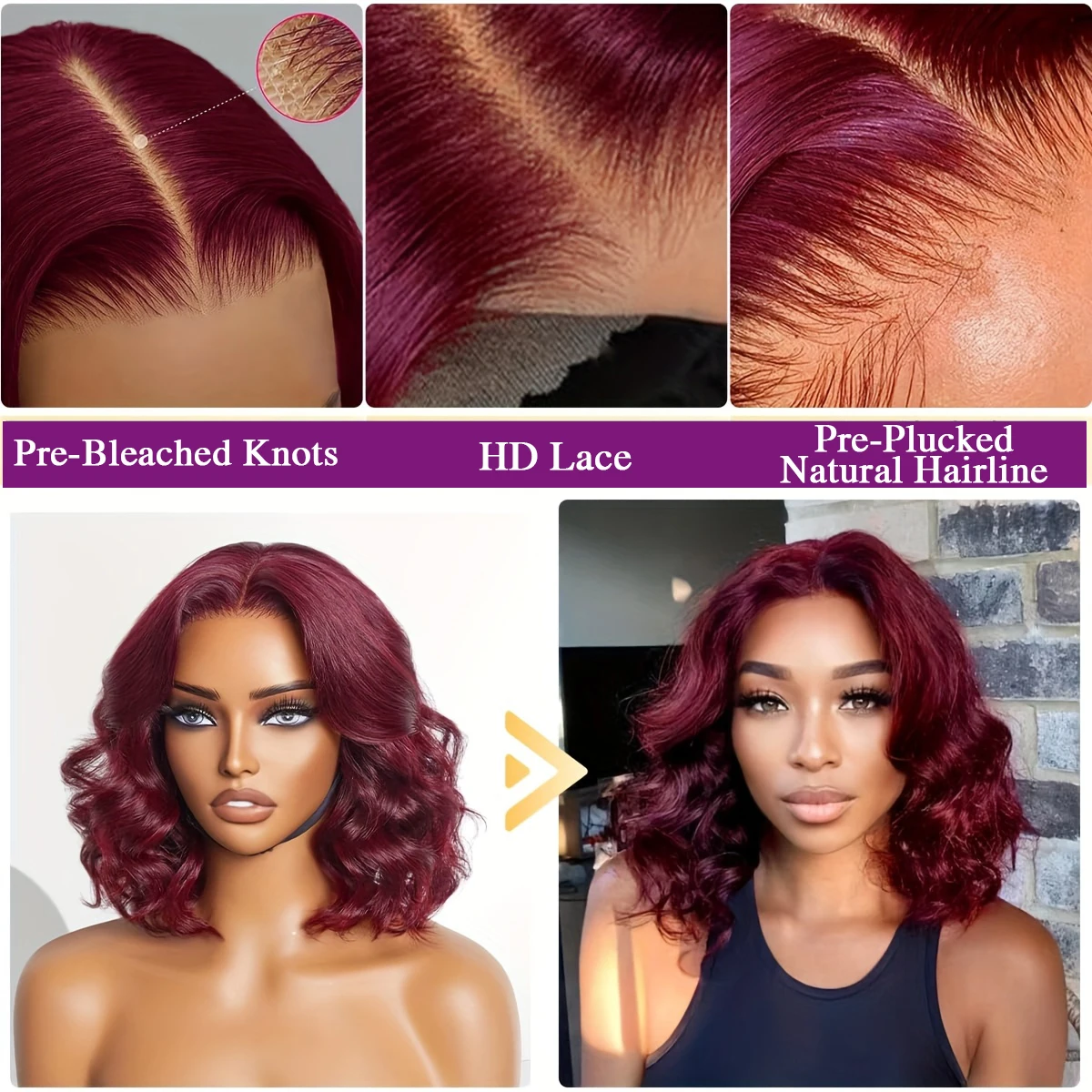 200 % Dichte, 99J, Burgunderro – Pre Parted 13X4 Lace Front Bob Wig Bewertung und Preis