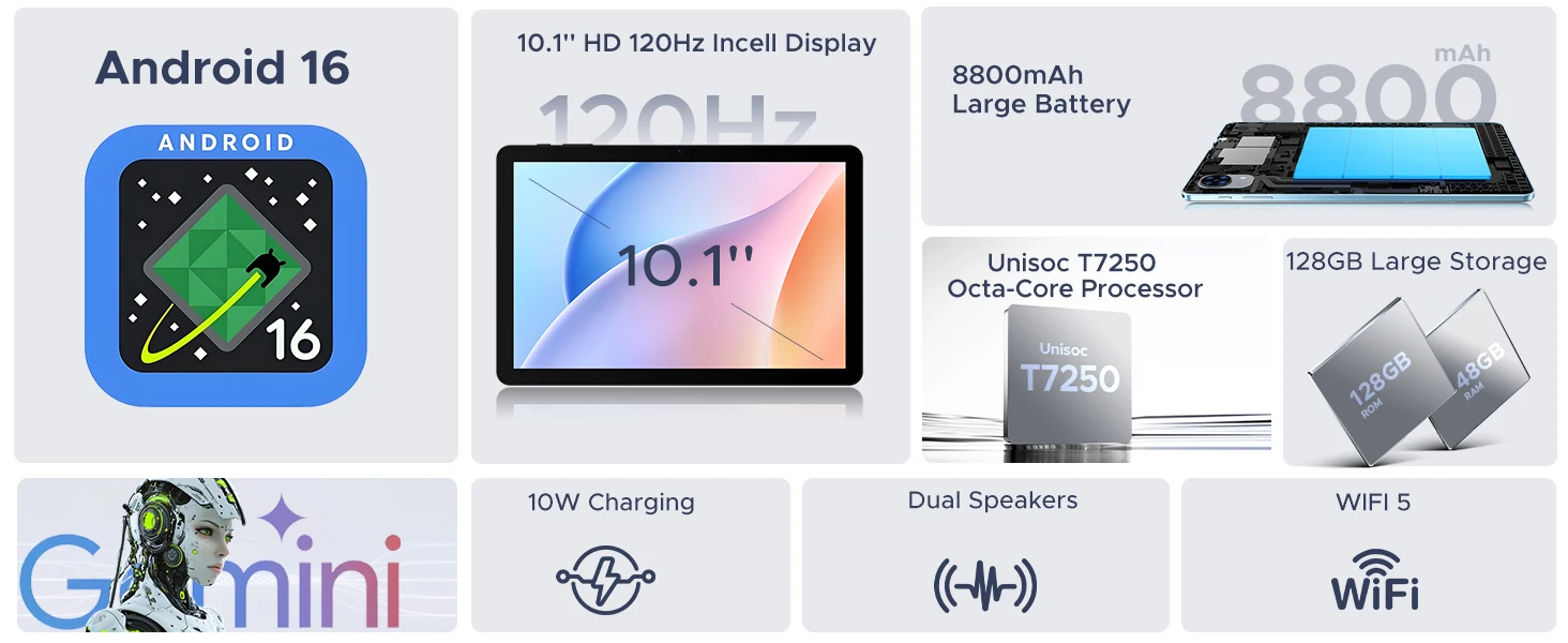 POCKAM P10PRO 10.1 Inch Tablet, Android 16 Tablets with 120Hz Display, 48GB+128GB/2TB, T7250 Octa-Core, 8800mAh, Widevine L1, Gemini AI, 13MP+5MP, 3.5mm Headphone, Tablet with Keyboard, Pen, Black