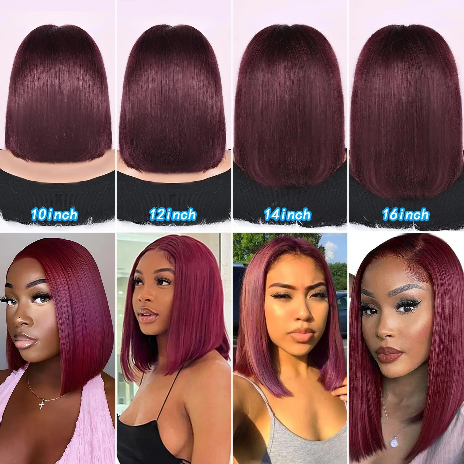 Perruque Bob Lace Front Wig naturelle bordeaux 99J, cheveux humains, 13x4, partie libre ultraviolette, densité 180%, pré-dessinée, 10-16 pouces, pour femmes