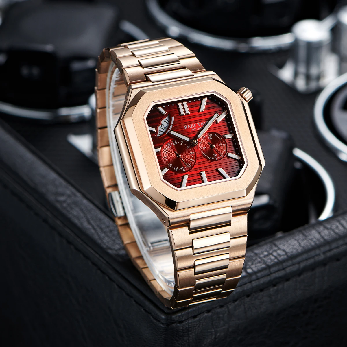 

Reef Tiger Men's Luxury Watch Rose Gold 24-Hour Red Dial Multifunction Luminous Automatic Business Bracelet Relojes RGA20S9