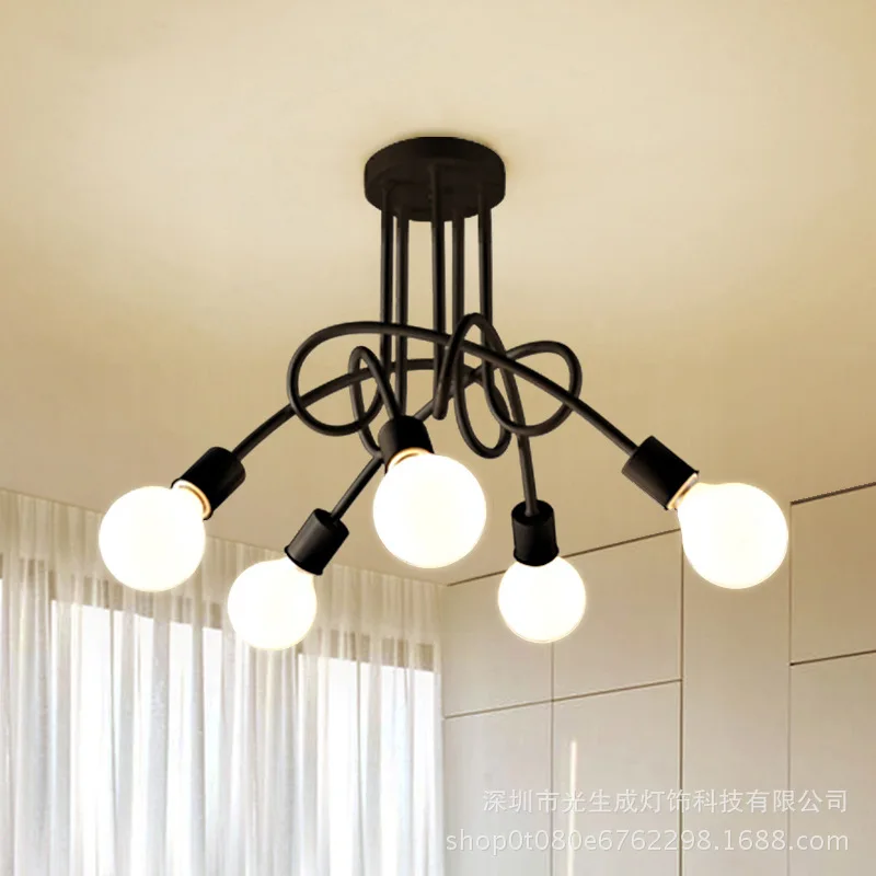 Retro Chandelier Wrought Iron LED Ceiling Lamp Black and White E27 Light Living Room Modern Decoration Home Lighting Fixture