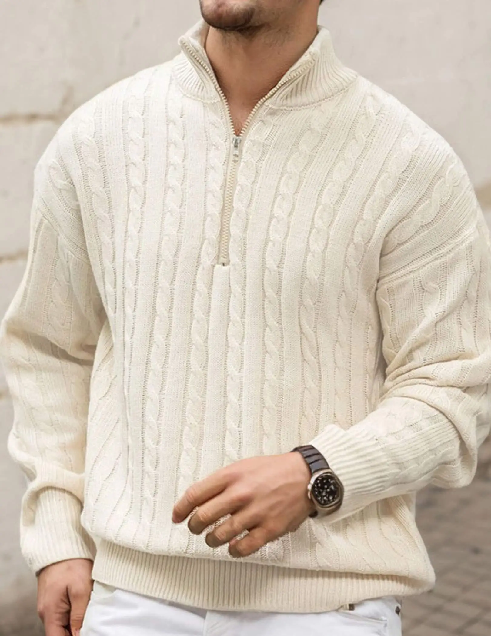 Maglione pullover casual a maniche lunghe tinta unita con cerniera frontale da uomo