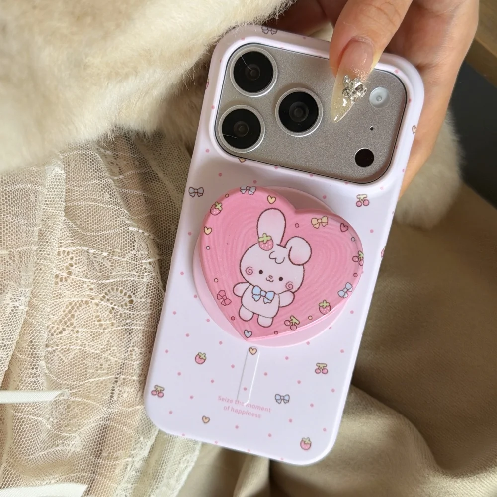 Funda protectora coreana INS con diseño de conejito de fresa de lunares y soporte MagSafe para iPhone 17 16 ProMax 14 15 Pro