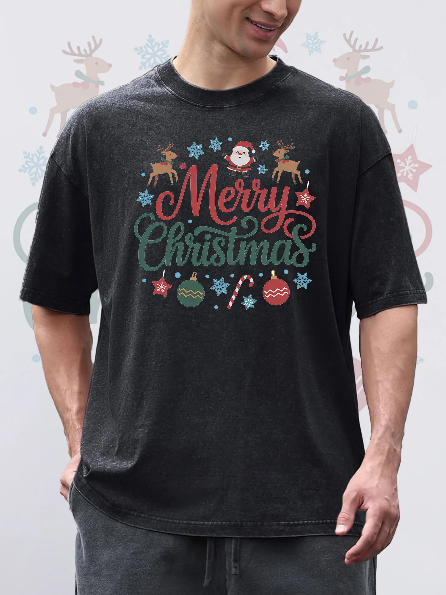 

Men's T-Shirts Merry Chrismas Printed Black Short-Sleeved Round Neck 100% Pure Cotton Acid Wash Suitable For Christmas
