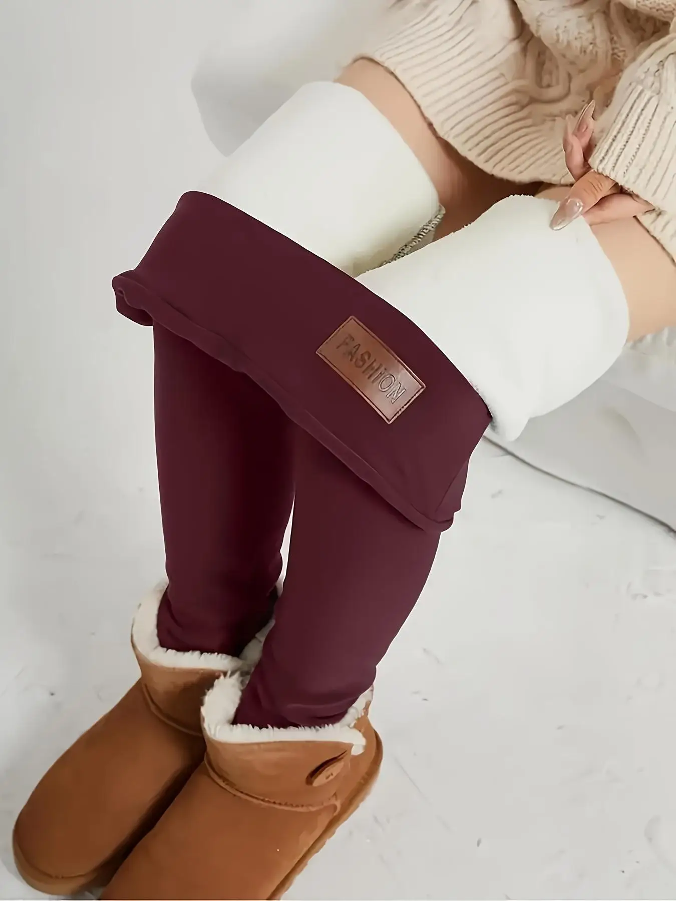 2-Pack المرأة عالية الخصر مبطنة بالصوف السراويل البحرية الأحمر الحراري طماق بسط مبهمة قيعان الشتاء الدافئة لصالة عادية S #6