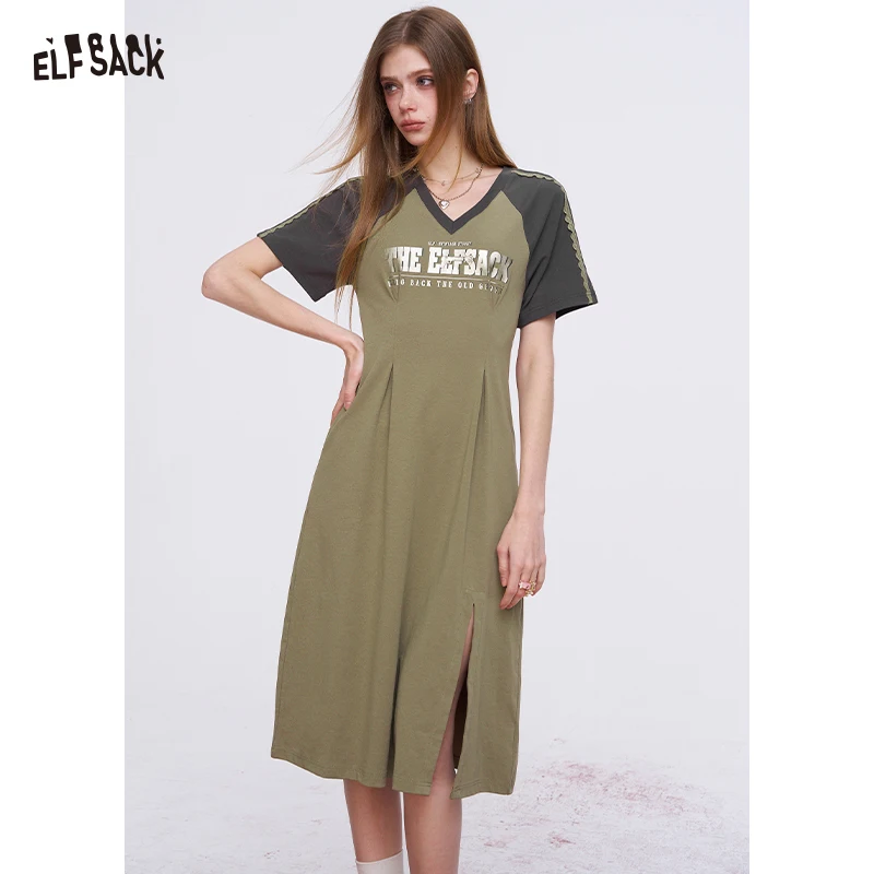 

Спортивное платье миди ELFSACK в стиле ретро с рукавами реглан, повседневное облегающее платье с разрезом для женщин, уличная одежда в стиле Y2K с буквенным принтом.