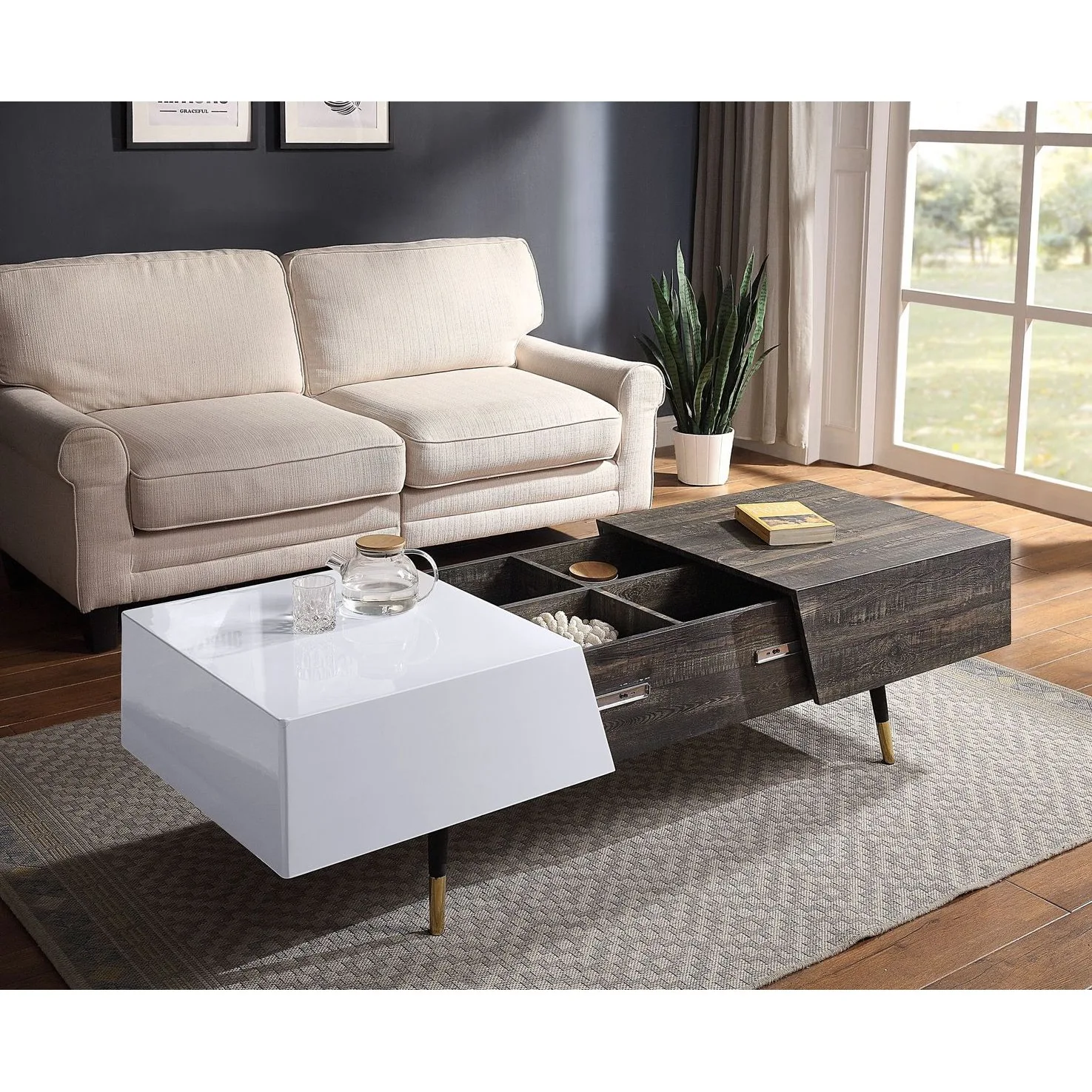 [Flash Sale]Mid-Century Orion Coffee Table White High Gloss & Rustic Oak Retractable Center Table[US-W]