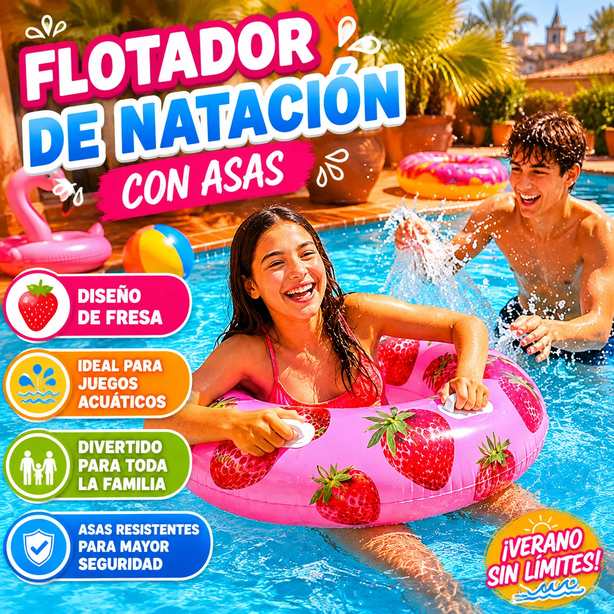 Flotteur de piscine avec motif de fruits, 3 modèles disponibles, poignées robustes, PVC non toxique et résistant aux déchirures, idéal pour la piscine, la plage et l'été, amusant et sûr pour les enfants et les adolescents