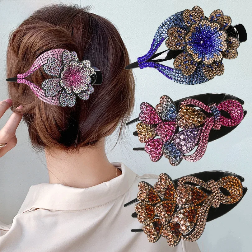 Pince à cheveux surdimensionnée en forme de bec de canard, épingle à cheveux en cristal, strass, fleurs, accessoires pour filles