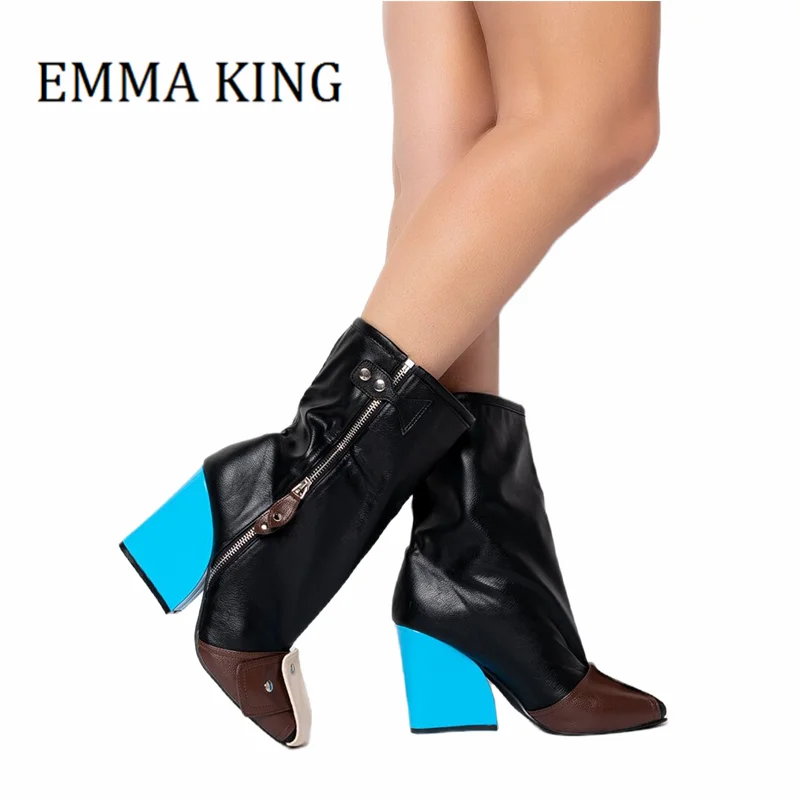 

Women Multi Colored Ankle Boots Faux Leather Chunky Wedge Heels Boot Female Square Toe Side Zipper Winter Shoes Botas De Mujer