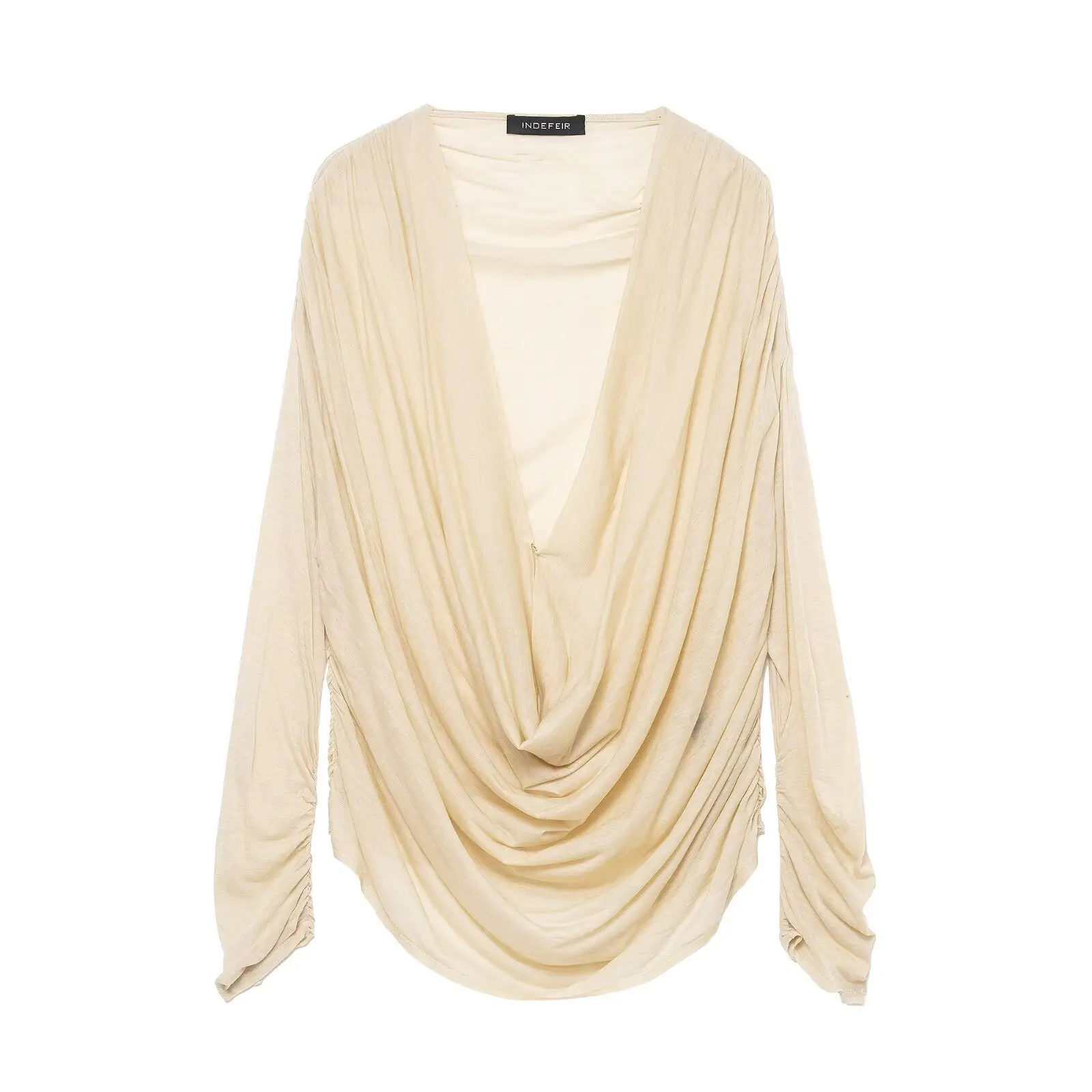 

Women Summer Chic Pleated Decoration Long Sleeve Short Top Female Fashion Elegant Swing Collar Casual Slim Blouse Top