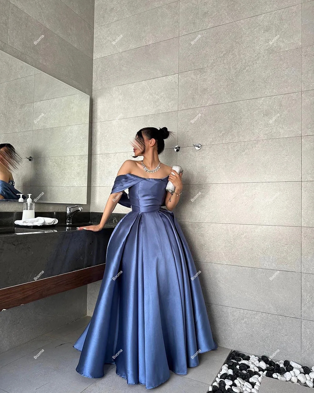 Booma A-Line Simple Evening Dresses Off Shoulder Pleats Crystal Satin Formal Party Gowns for Women Floor Length Prom Dresses