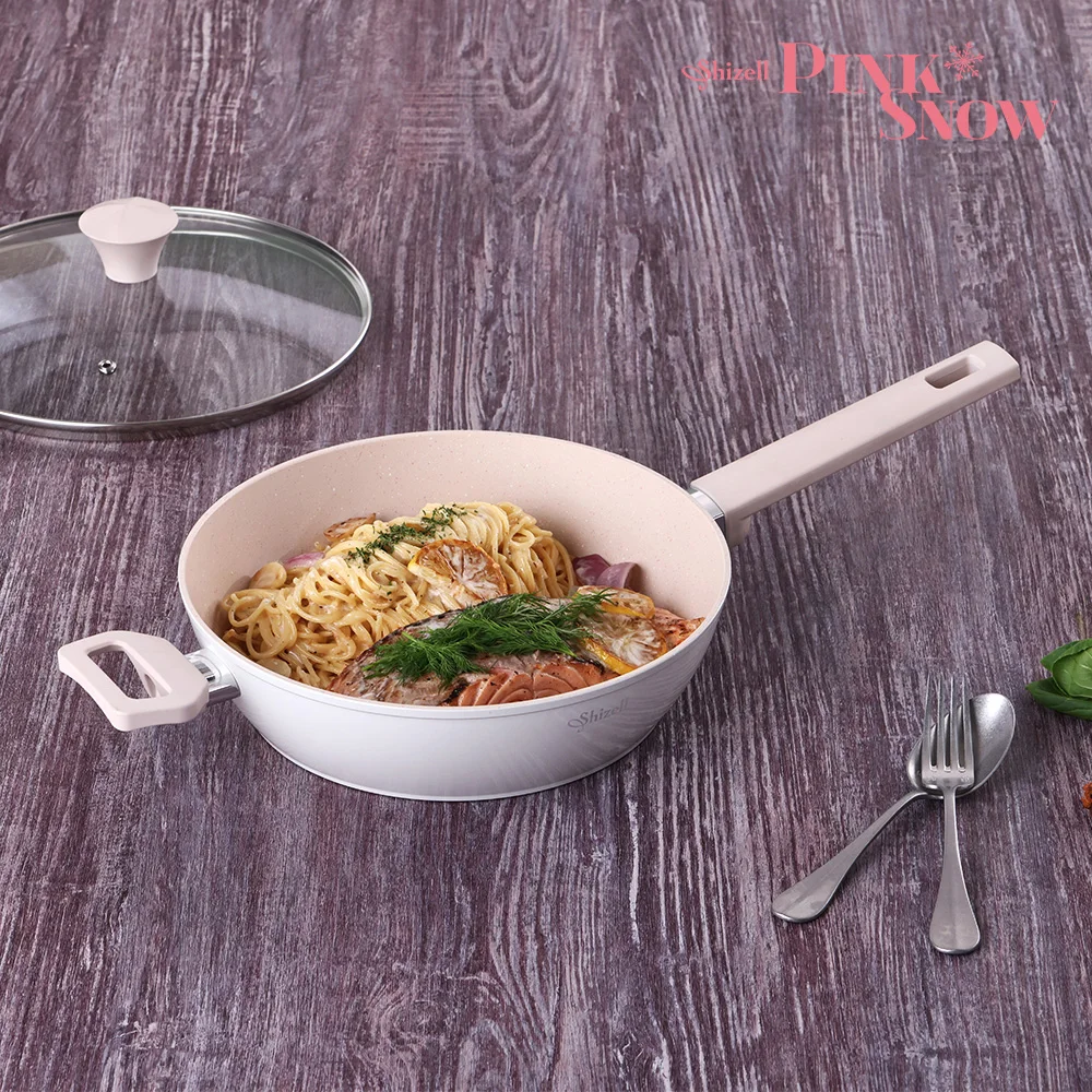 Shizell Pink Snow Double Handle IH Deep Frying Pan Set 26cm - Steaming, Induction Frying Pan, Stir-Fry, Pasta