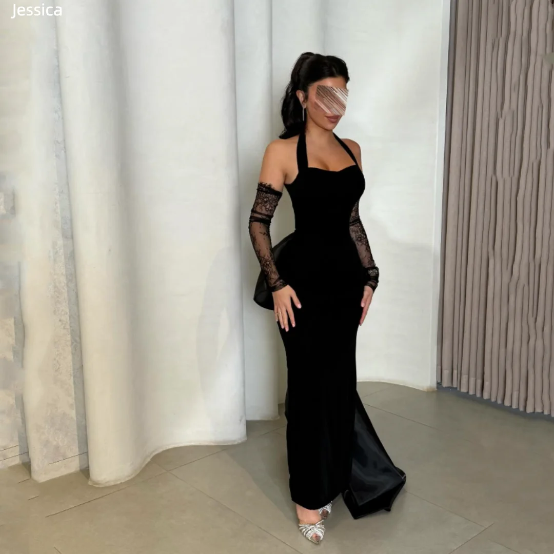 Jessica Black Halter Neck Evening Dresses Lace Long Sleeves Prom Dresses Elegant Ladies' Slim Fit Formal Occasions PartyDresses