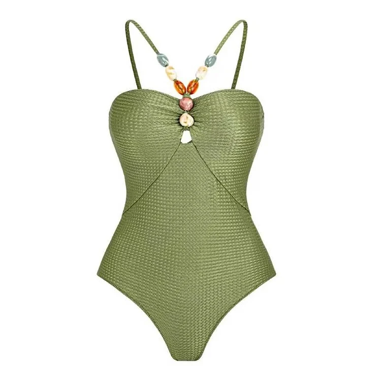 Maillot de bain une pièce avec ceinture perlée et jupe découpée, vêtements de plage pour femmes, charbon, été, nouveau, 2024