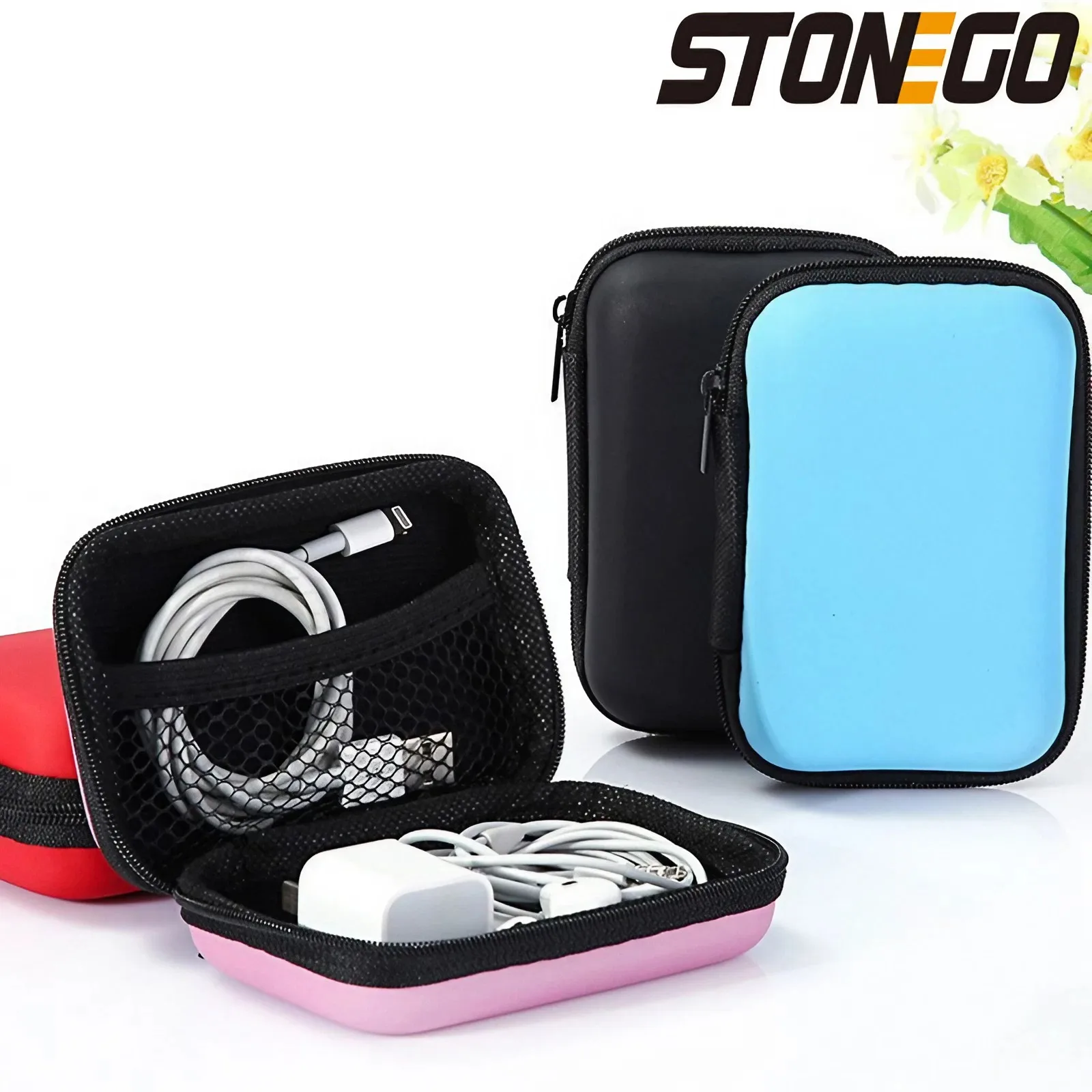 STONEGO Etui na słuchawki z zamkiem błyskawicznym Skórzane pudełko do przechowywania słuchawek Przenośny organizer kabli USB Twarda torba na kartę pamięci na monety