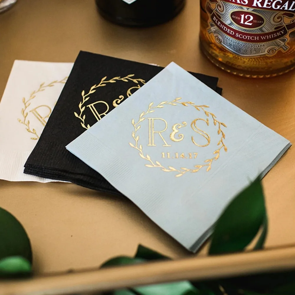 Custom wedding Napkins, Gold foil, Custom LOGO apkins, Monogramed Napkins,Custom Wreath Wedding Beverage Napkins,Luncheon,Dinner