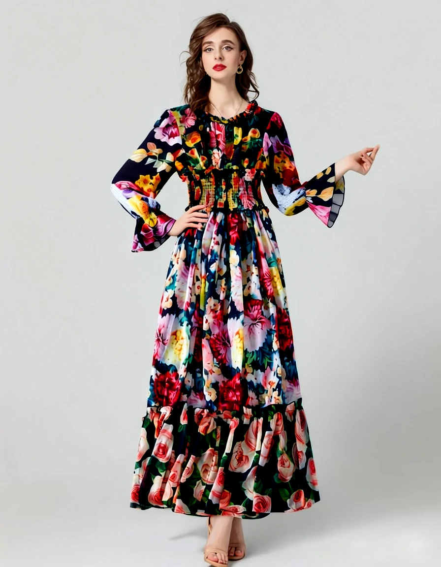 Damesjurk O-hals Lange mouwen Elastische taille Bloemenprint Ruches Elegante maxi-mode vestidos