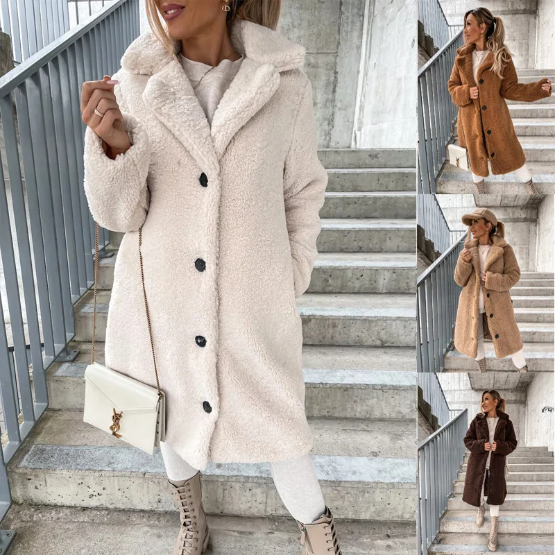 Veste droite en peluche pour femme, manteau monochrome, vêtements d'extérieur pour femme, optique chaude, pardessus long, coupe-vent, automne, hiver