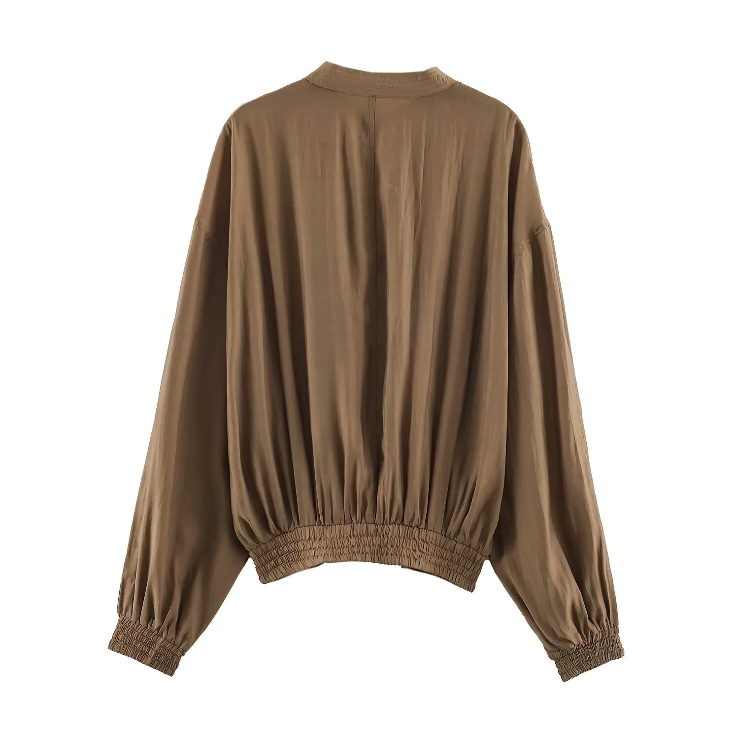 Women Autumn Brown Pleated Blouse Stand Collar Long Sleeve Loose Fit Elastic Hem Shirt Tops Vintage Chic Casual Streetwear 2