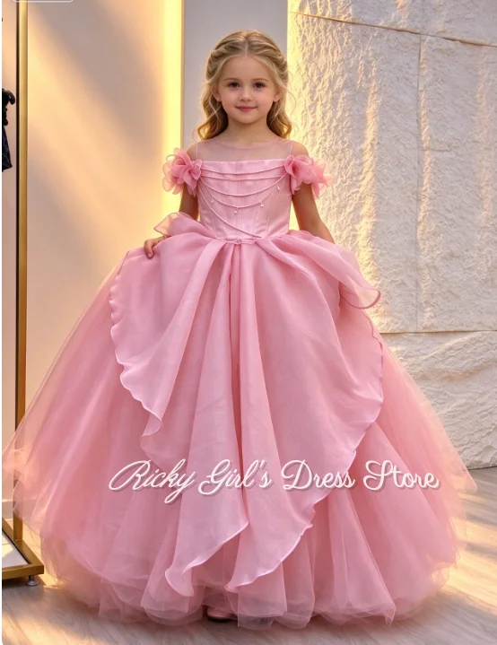 Kids Girls Pink Party Dress Princess Birthday Gown Off Shoulder Ruffles Pageant Formal Costume Girl Wedding Children Piano