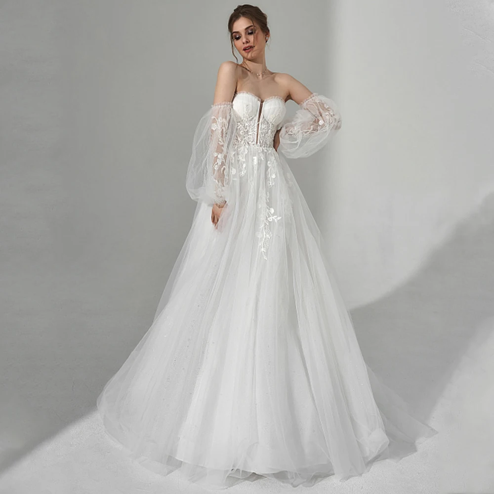 

Modern Off the Shoulder Strapless Tulle Wedding Dress Chic Detachable Sleeve Applique Lace Backless Bridal Gown Court Train