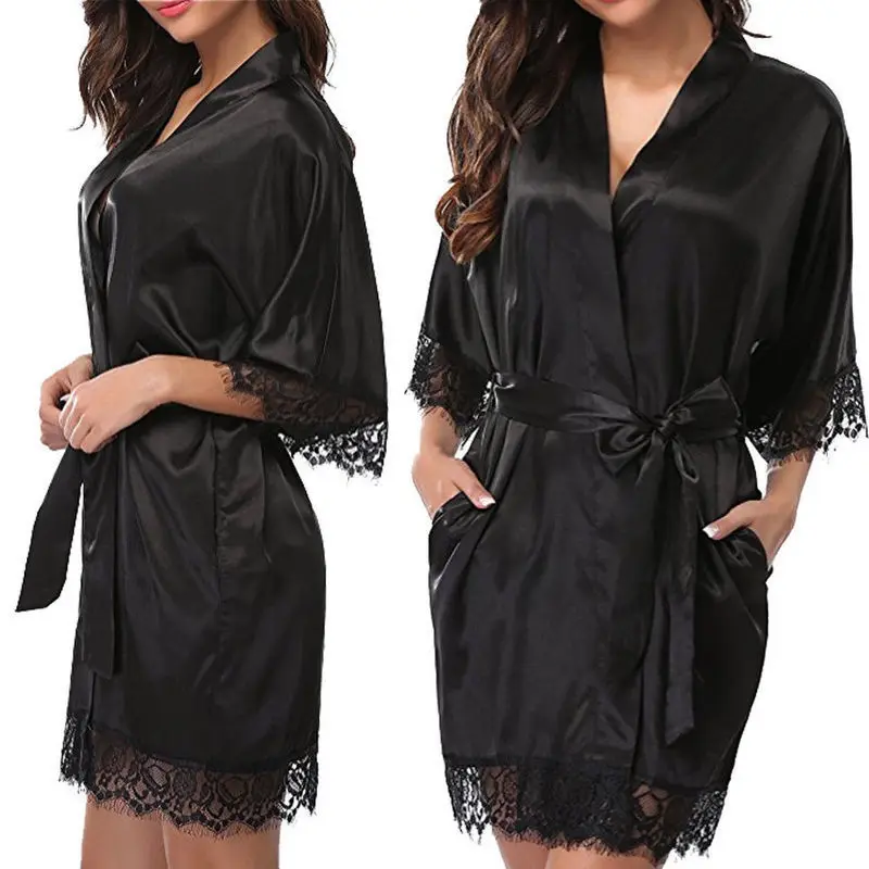 Women Iace Silk Pajamas Robes Sleepwear Nightgowns Half Sleeve Nightdress Black Lace Bathrobe Smooth Soft Comfortable Pure Color