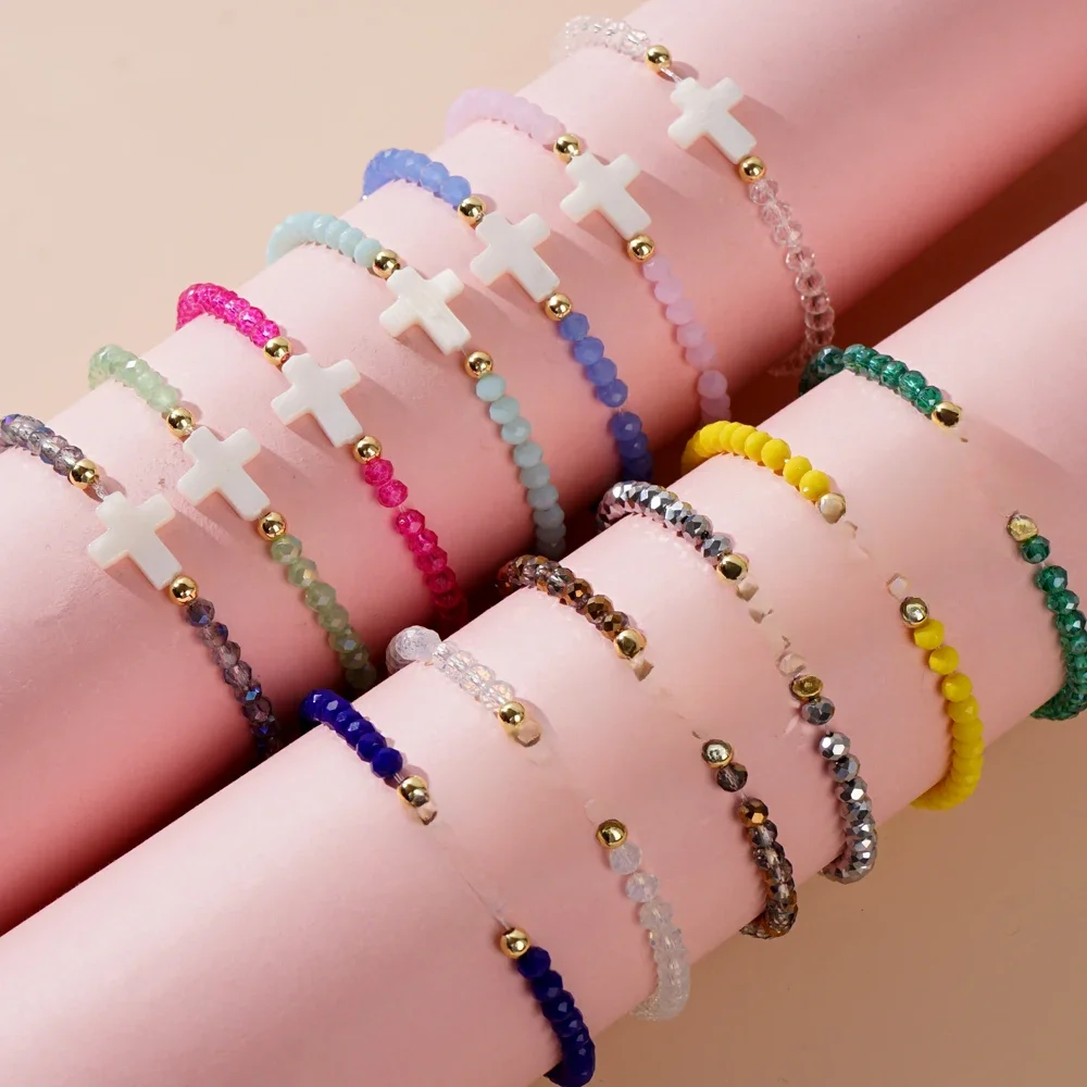 Go2boho-Bracelets de perles de cristal pour hommes et femmes, croix de coquillage, élastique, bijoux faits à la main commandés, cadeaux de mode, guérison, chance