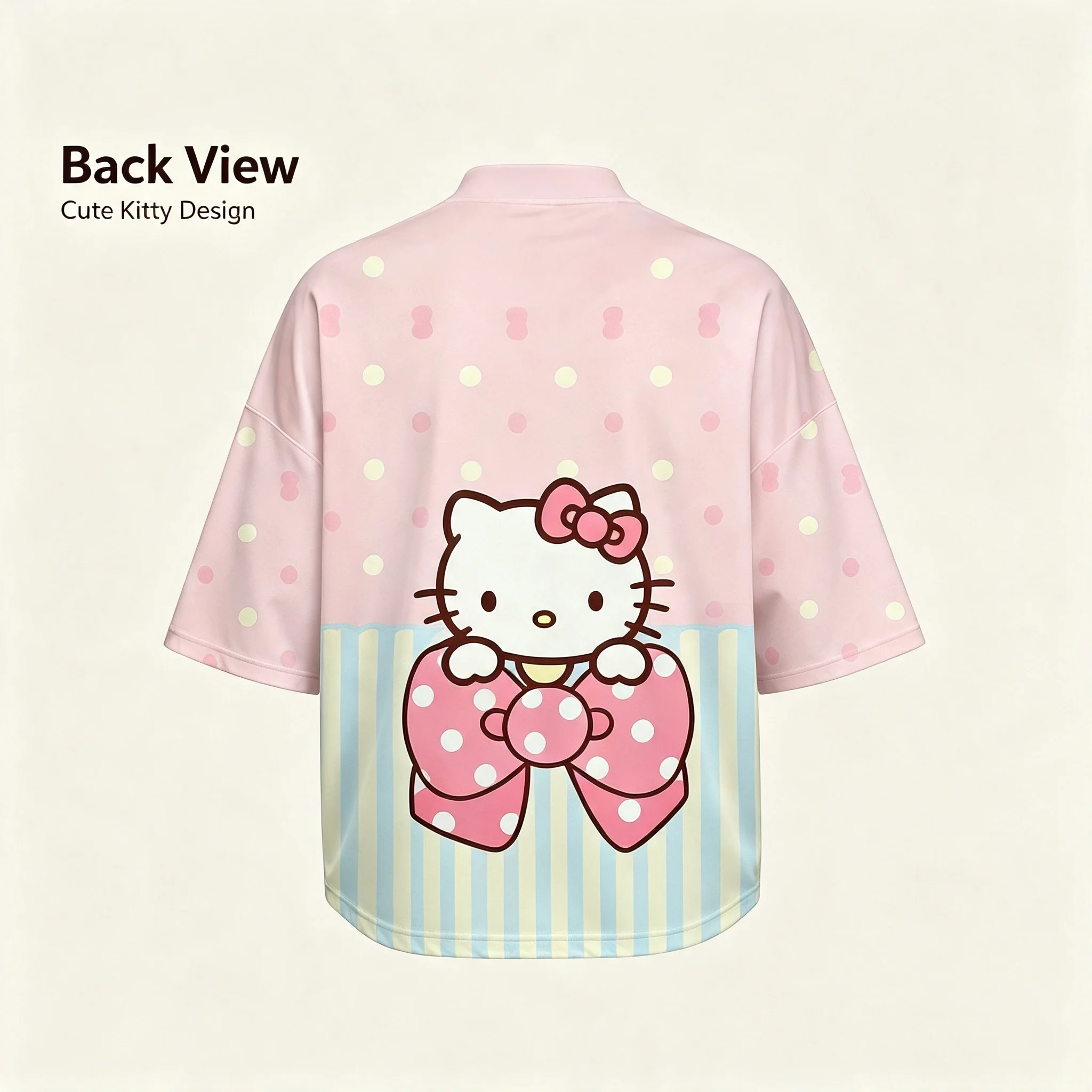 Women Hello Kitty Big Bow Print 34‑Sleeve Baseball Jersey Shirt Pink Polka‑dot Stripe Hem Loose  Kawaii Casual Streetwear Top view 4