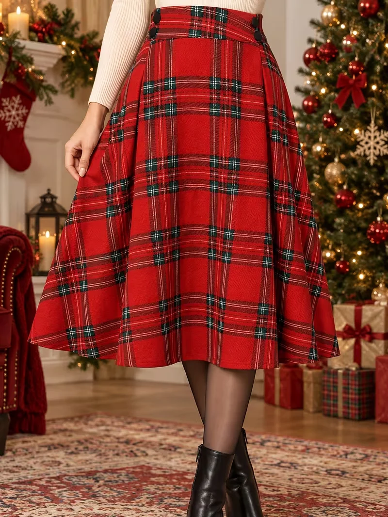 Women Retro Red Plaid High Waist Christmas Party Autumn Winter Casual Swing A Line Skirt Christmas Wear