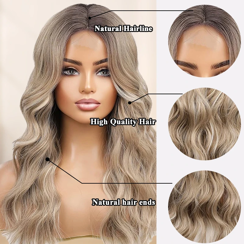 Synthetic Wigs Long Ombre Ash Blonde with Highlight Lace Front Wigs for Women,Lace Wigs Natural Wavy Middle Parting