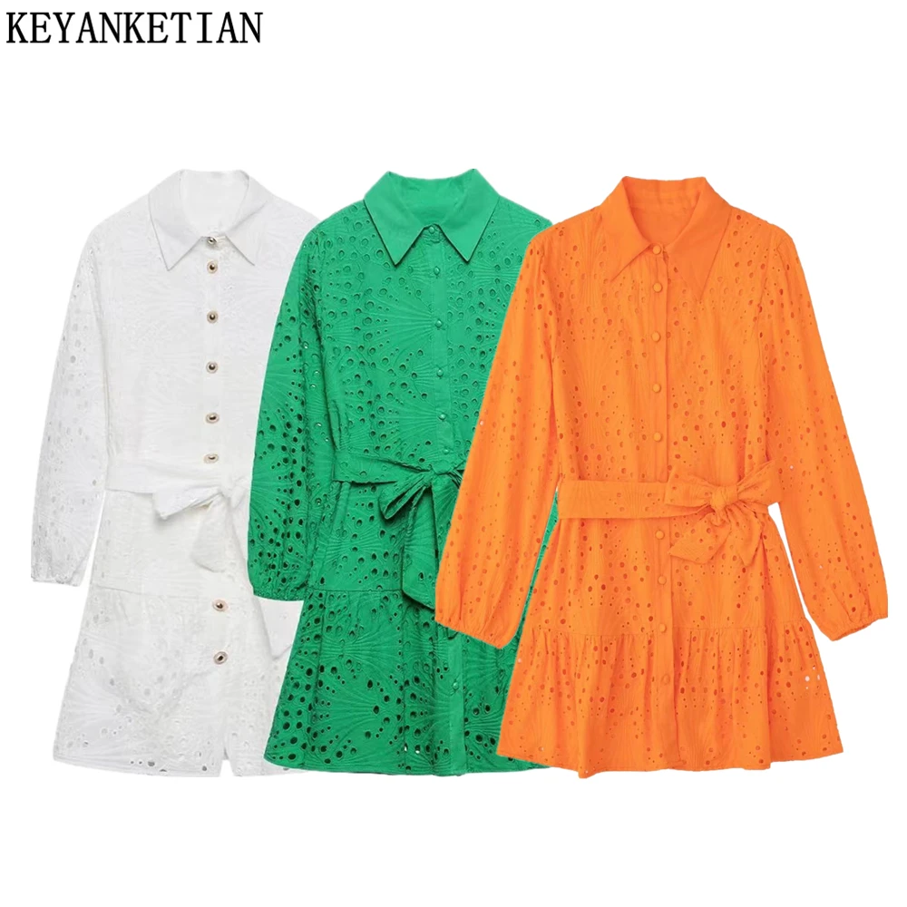 KEYANKETIAN Women's Fashion Openwork Embroidery Hem Pleated Frill Green Shirt Dress Ladies Chic Bow Belt Business Decor