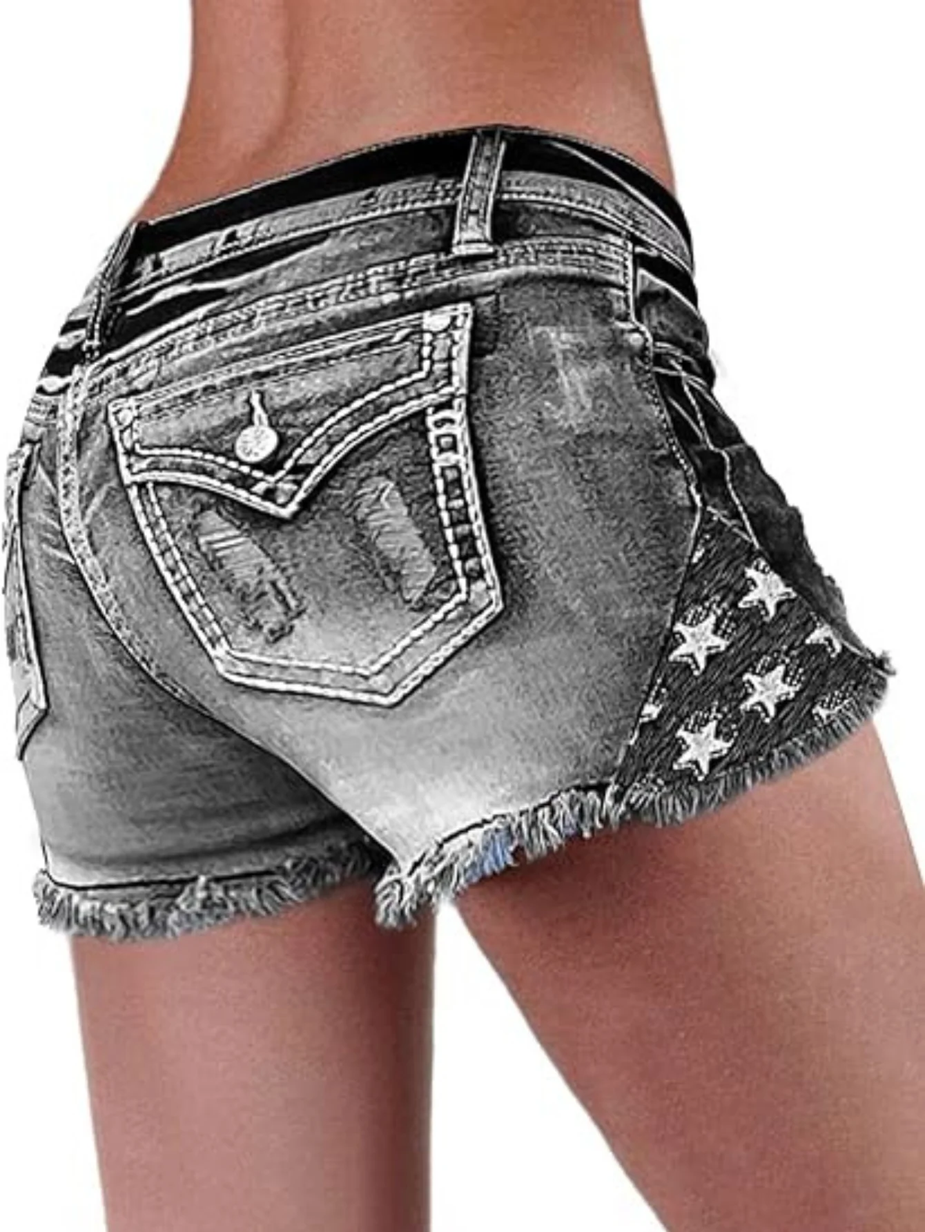 

【HME】 Ladies' Vintage Gray Beveled Hole Shorts, Ladies' Gray Waistband Denim Shorts