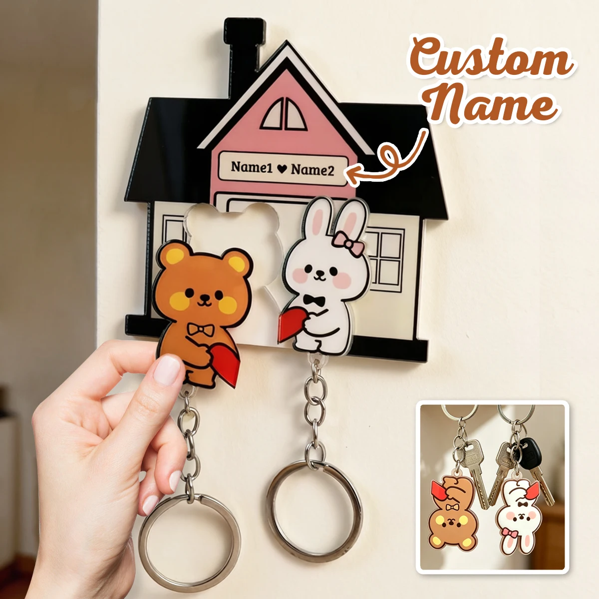 Porte-clés personnalisés pour couples d'anime, porte-clés mignons, porte-clés personnalisés avec le nom, porte-clés de dessin animé ours lapin.