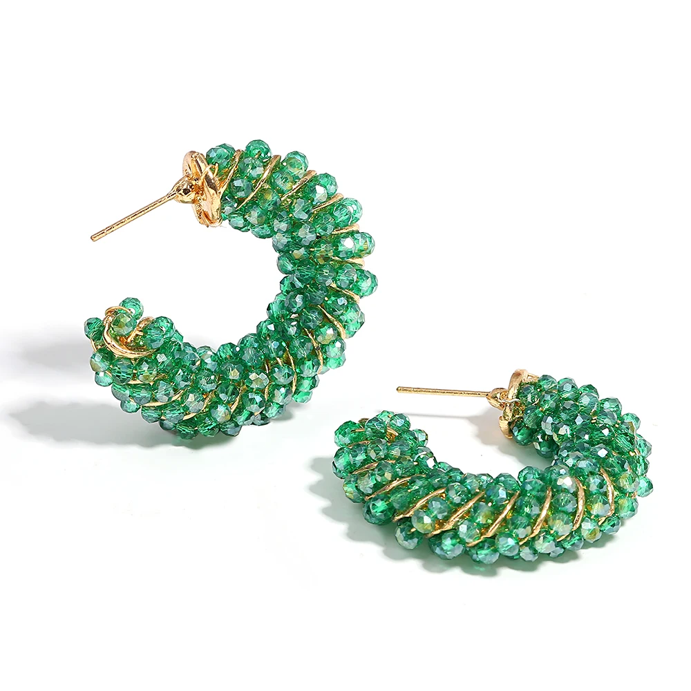 Bohemia Colorful Seed Bead Hoop Earrings Candy Color Crystal Beaded Twist Dangle Earrings Women\'s Rainbow Swirl C-Shape Earring