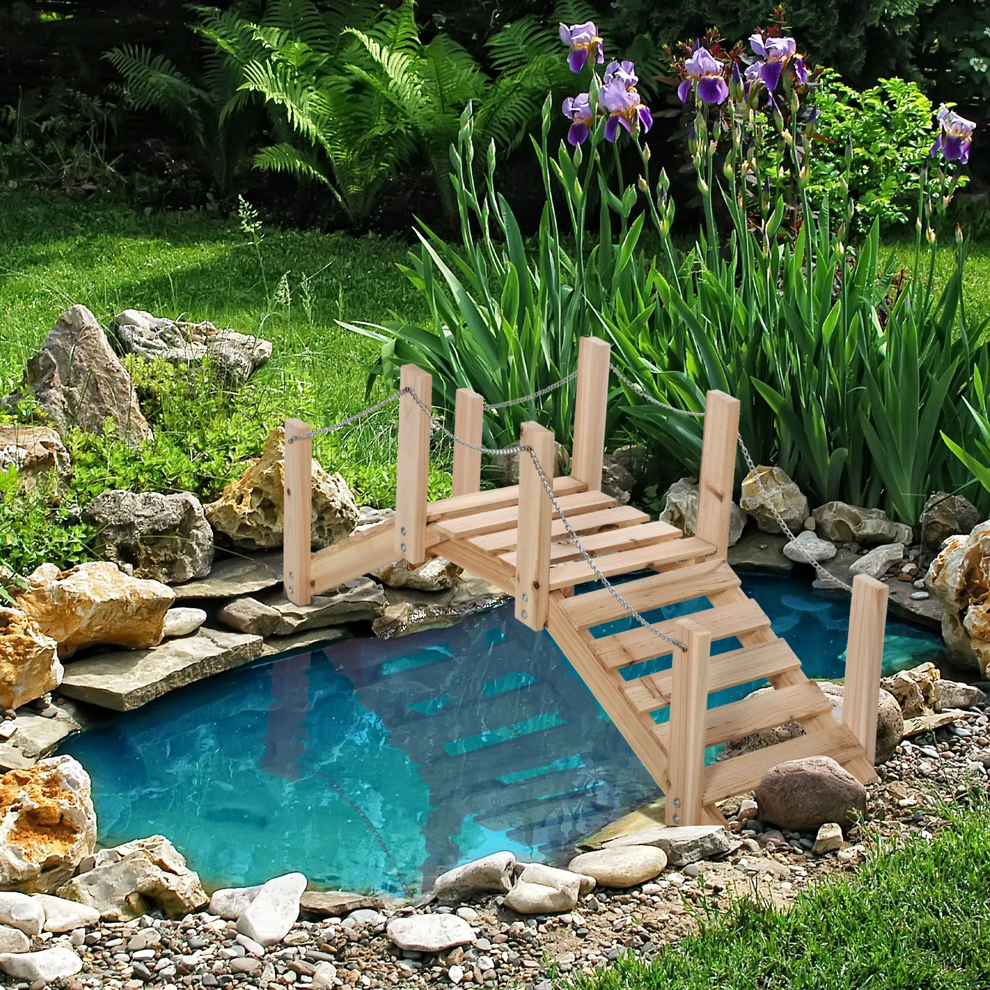 Mini pont arqué décoratif en bois pour jardin avec garde-corps en chaîne, passerelle autoportante pour bassin, ornement de jardinage, petit chemin étanche pour la décoration de bassin à poissons et de rocaille dans la cour.