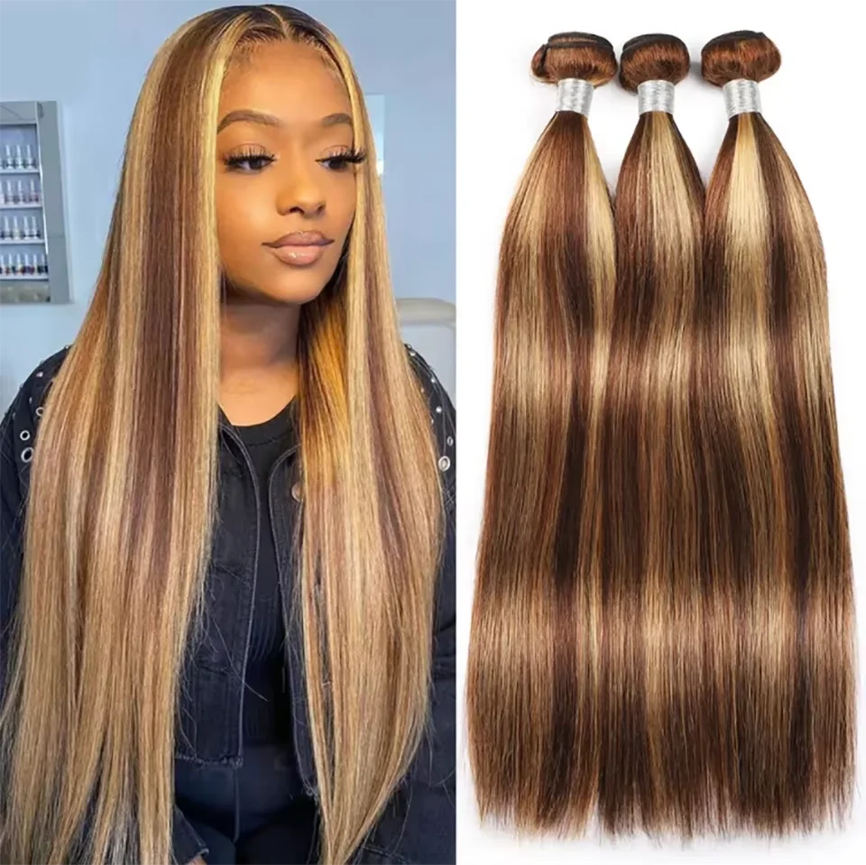 Extensiones de Cabello Humano Liso con Reflejos, 1/3 Paquetes P4/27 Rubio Miel Marrón para Mujer, Cabello Humano Virgen Brasileño Liso
