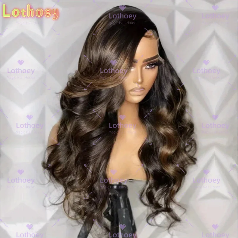 Glueless Brazilian Human Hair Wig - Dark Brown to Honey Blonde Ombre Lace Front with Natural Highlights, Body Wave Texture,Natur