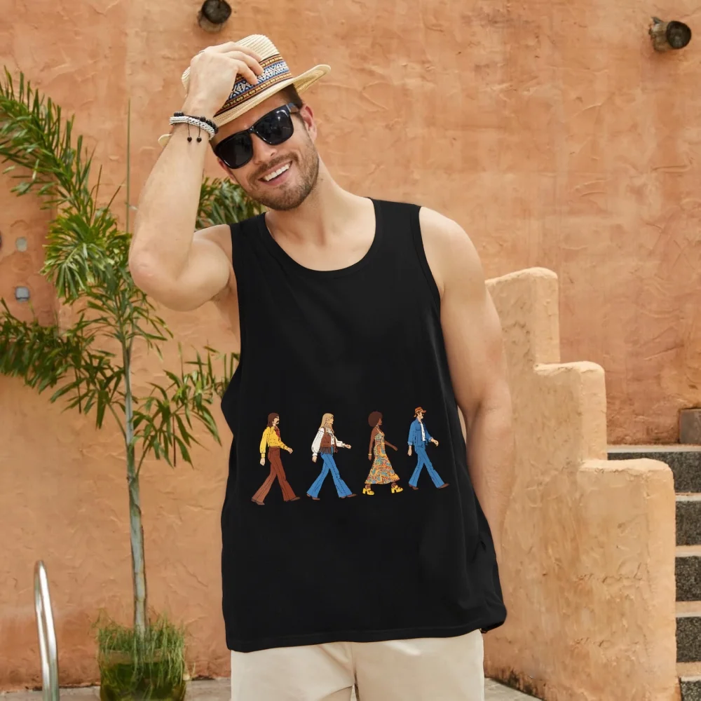 

Fun Black Tank Top with Abbey Road - Style Figures Graphic Retro Casual Daily Vest 2000s Fashion Comfortable Summer Clothing
