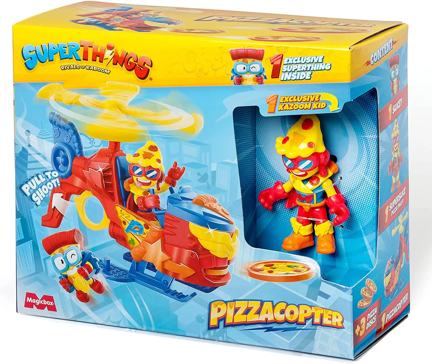 SUPERTHINGS Pizzacopter – Helicóptero de SuperThings con Lanzador de Discos de Pizza. Incluye 1 Kazoom Kid y 1 SuperThing exclusivos