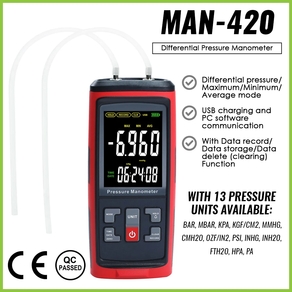 Digital Differential Manometer Air Pressure Gauge Professional Detector U-type ±50 kPa Pneumatic Compressor Valves Tanks