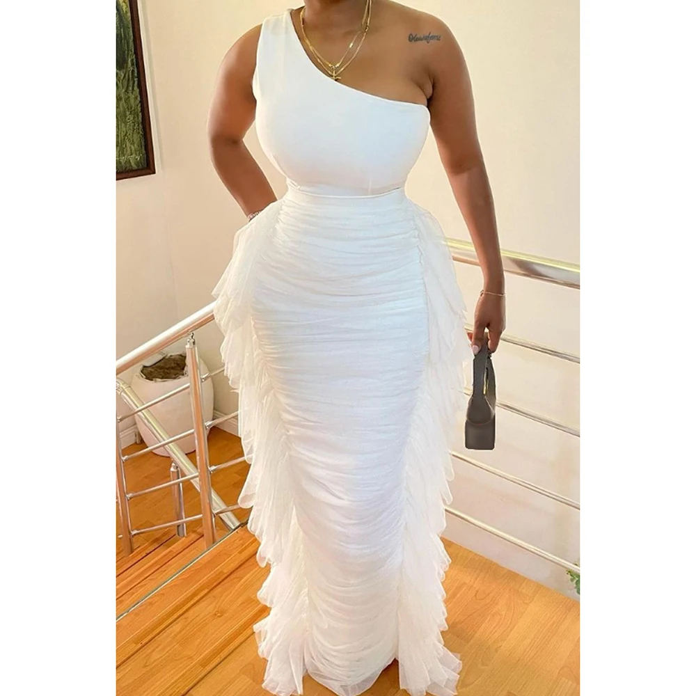 Plus Size White Daily Side Tulle Ruffles Fold Skirts