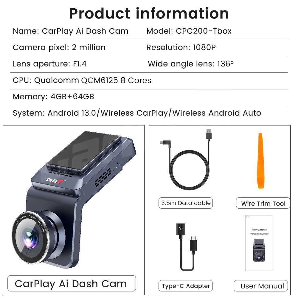 CarlinKit 무선 CarPlay Ai Box 안드로이드 13 QCM6125 8 코어 안드로이드 TV 박스 4G LTE 비디오 앱 설치 내장 1080P Dashcam GPS