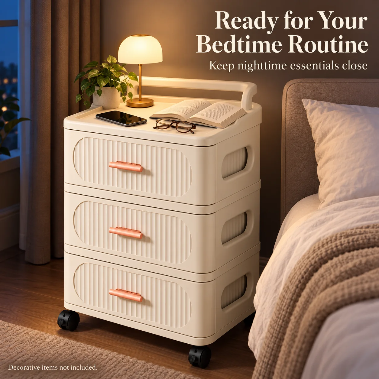 3 Drawer Nightstand with Wheels, Cream White Bedside Table, Fluted Storage Cabinet for Bedroom and Small Spaces